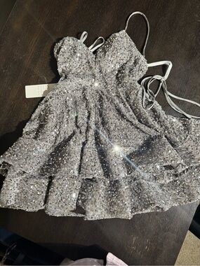Girls' Sparkling Silver Sequin Tiered Formal Dress with Spaghetti Straps